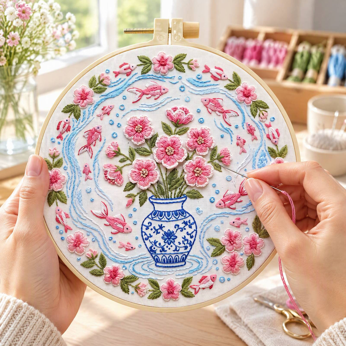 Vase Fishes - DIY Embroidery Cross Stitch Kit with Pattern Cotton Threads Needles Hoop 30×30CM/11.81×11.81in