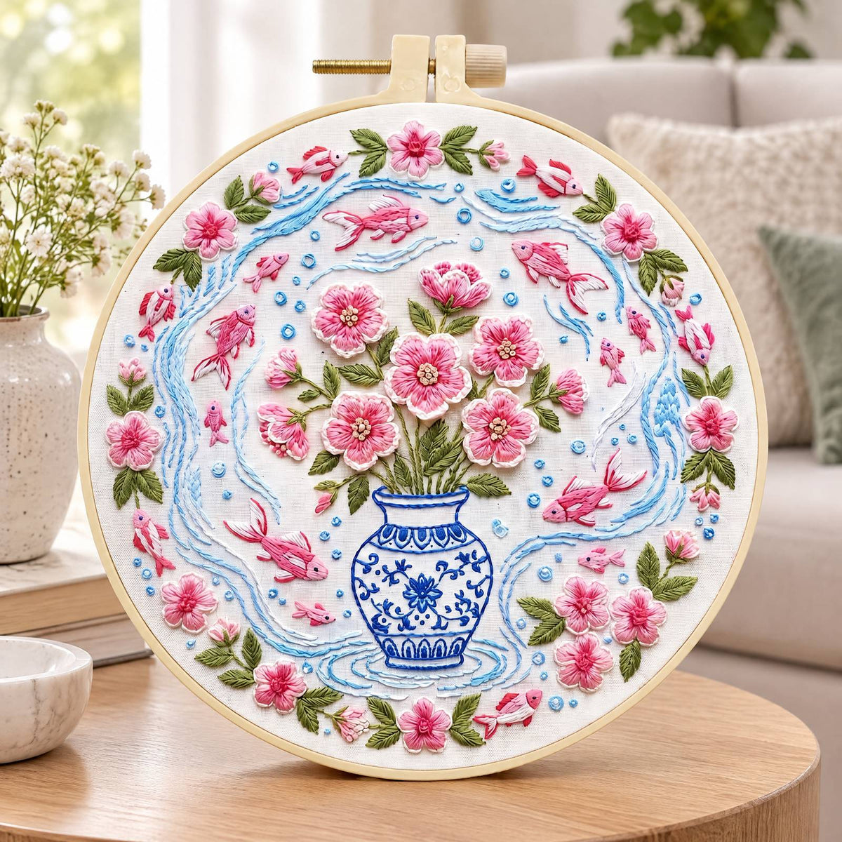 Vase Fishes - DIY Embroidery Cross Stitch Kit with Pattern Cotton Threads Needles Hoop 30×30CM/11.81×11.81in
