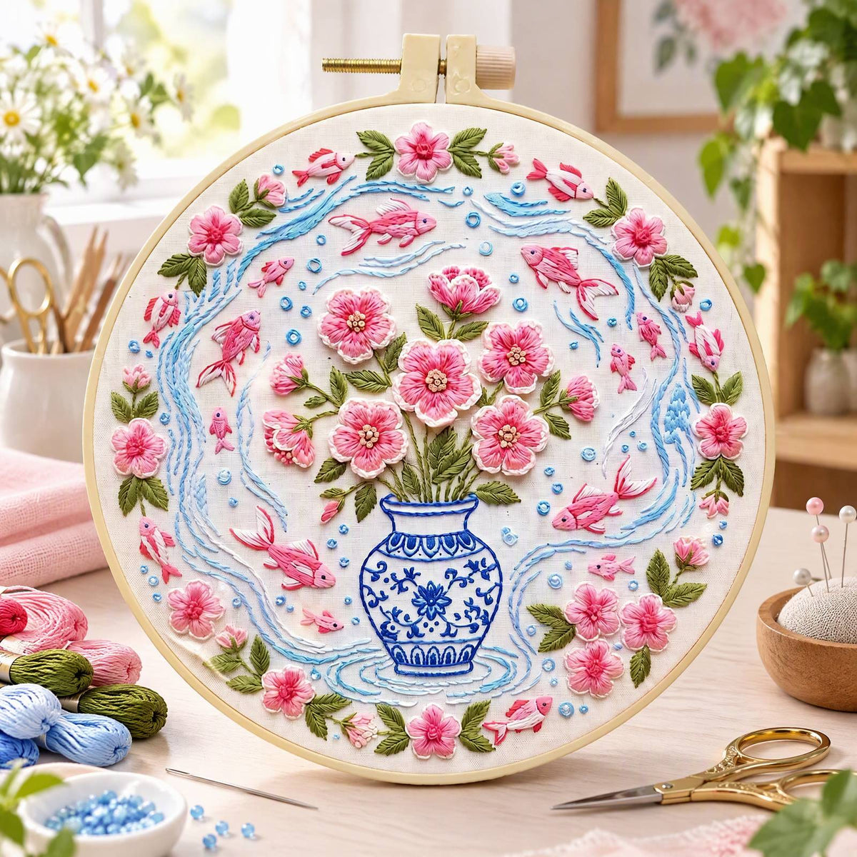 Vase Fishes - DIY Embroidery Cross Stitch Kit with Pattern Cotton Threads Needles Hoop 30×30CM/11.81×11.81in