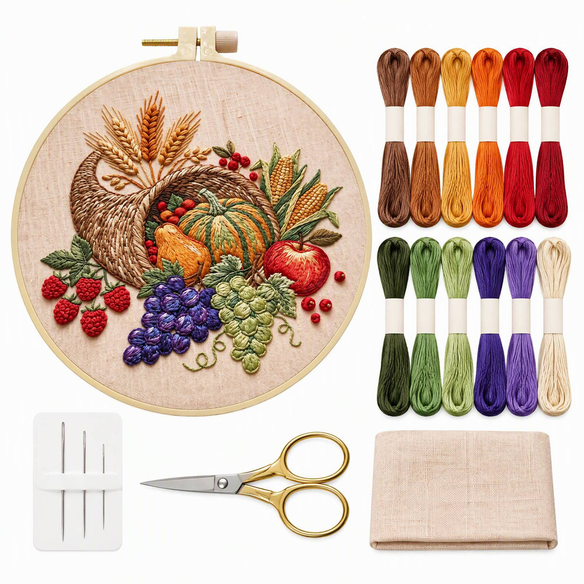 Harvest Horn - DIY Embroidery Cross Stitch Kit with Pattern Cotton Threads Needles Hoop 30×30CM/11.81×11.81in