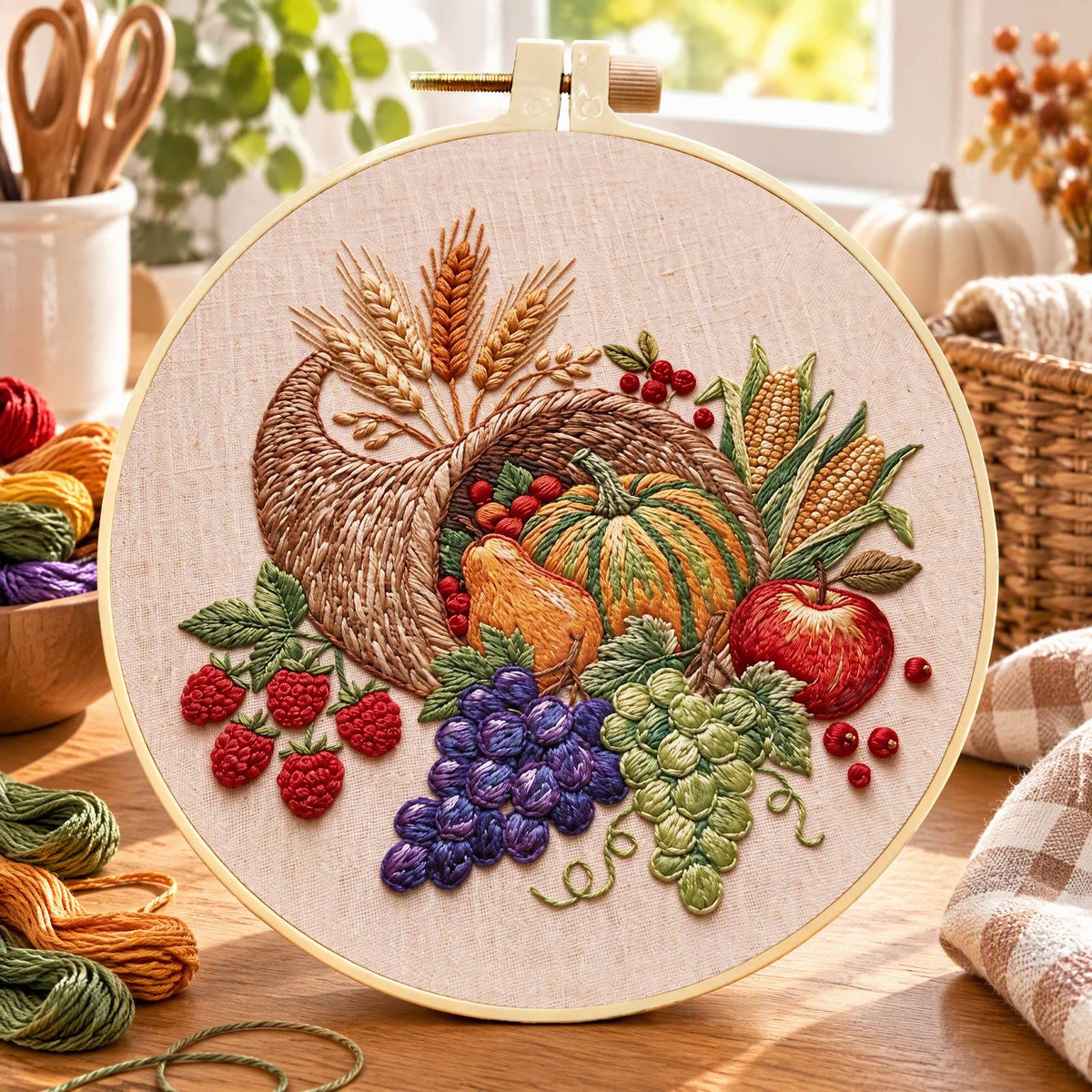 Harvest Horn - DIY Embroidery Cross Stitch Kit with Pattern Cotton Threads Needles Hoop 30×30CM/11.81×11.81in