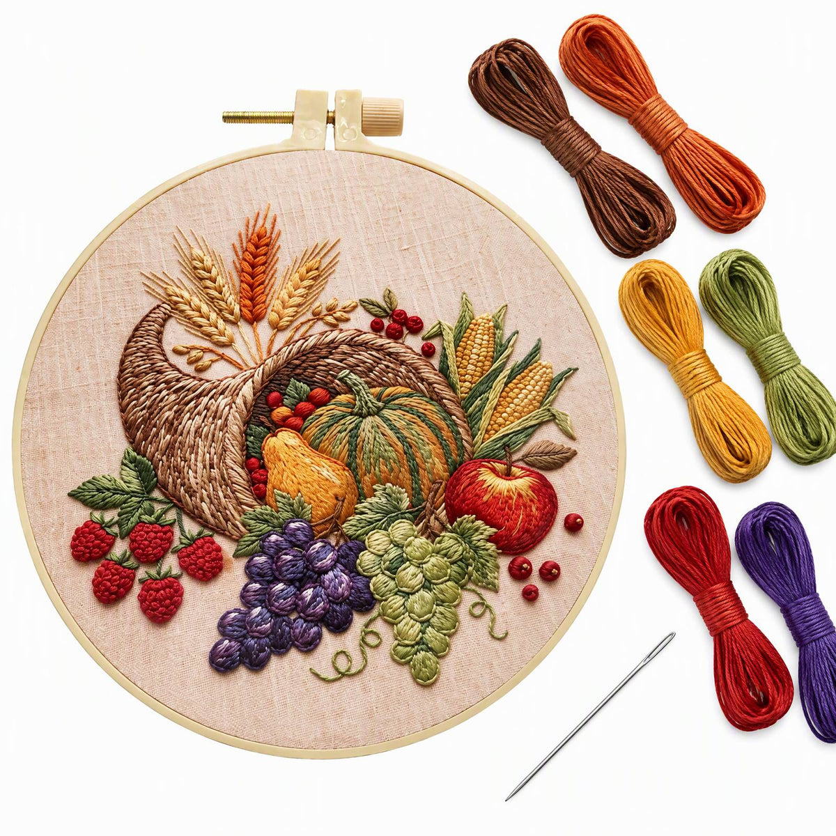 Harvest Horn - DIY Embroidery Cross Stitch Kit with Pattern Cotton Threads Needles Hoop 30×30CM/11.81×11.81in