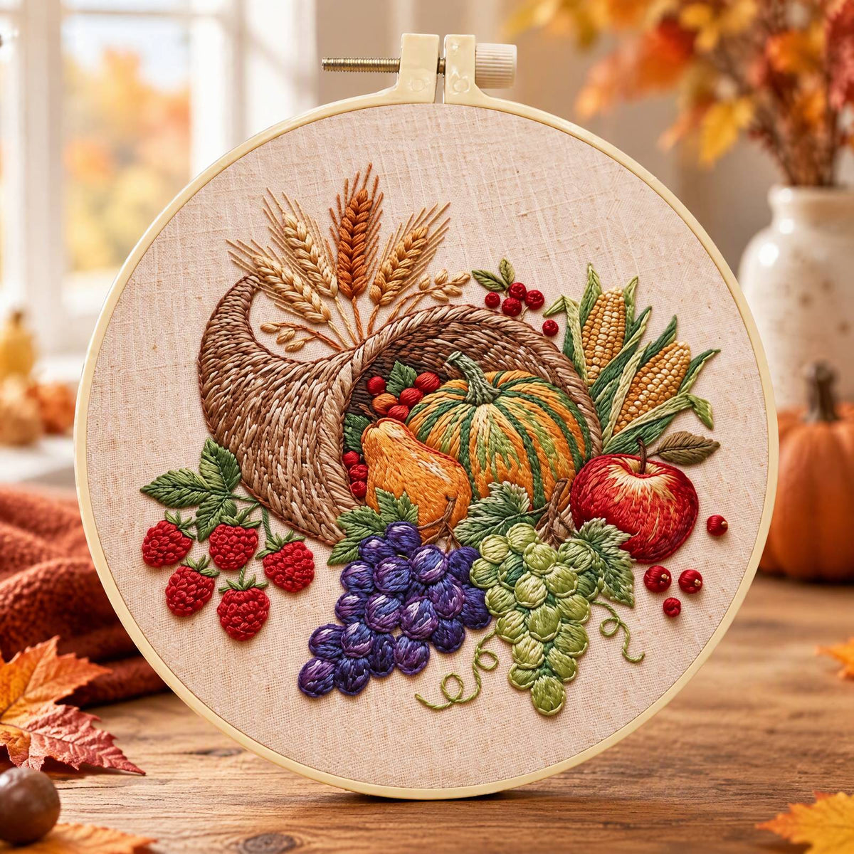 Harvest Horn - DIY Embroidery Cross Stitch Kit with Pattern Cotton Threads Needles Hoop 30×30CM/11.81×11.81in