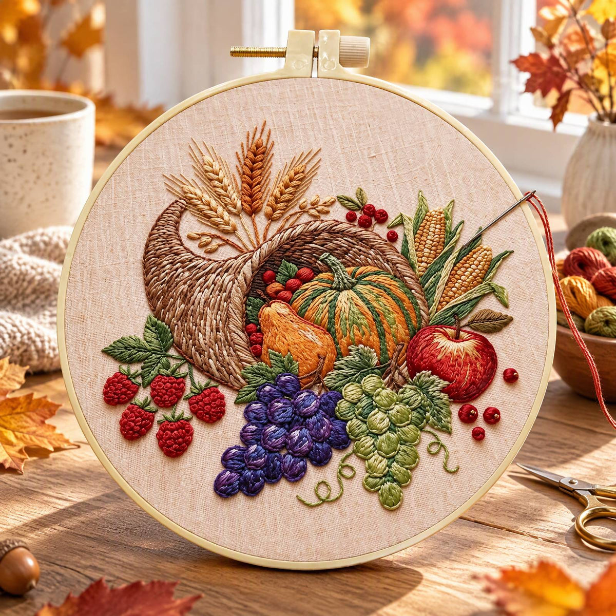 Harvest Horn - DIY Embroidery Cross Stitch Kit with Pattern Cotton Threads Needles Hoop 30×30CM/11.81×11.81in