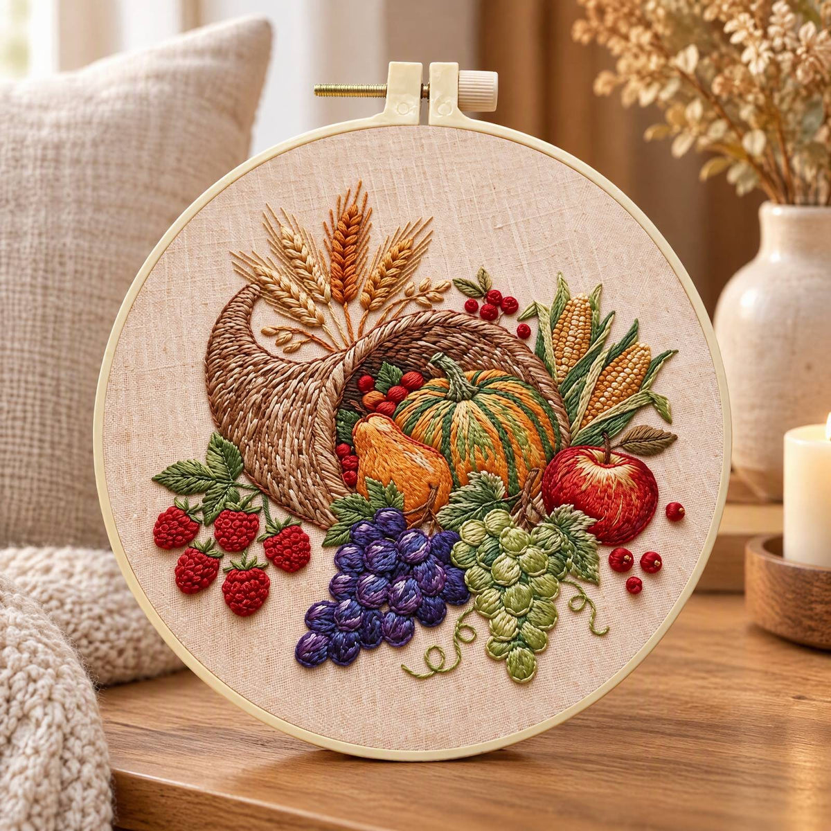 Harvest Horn - DIY Embroidery Cross Stitch Kit with Pattern Cotton Threads Needles Hoop 30×30CM/11.81×11.81in