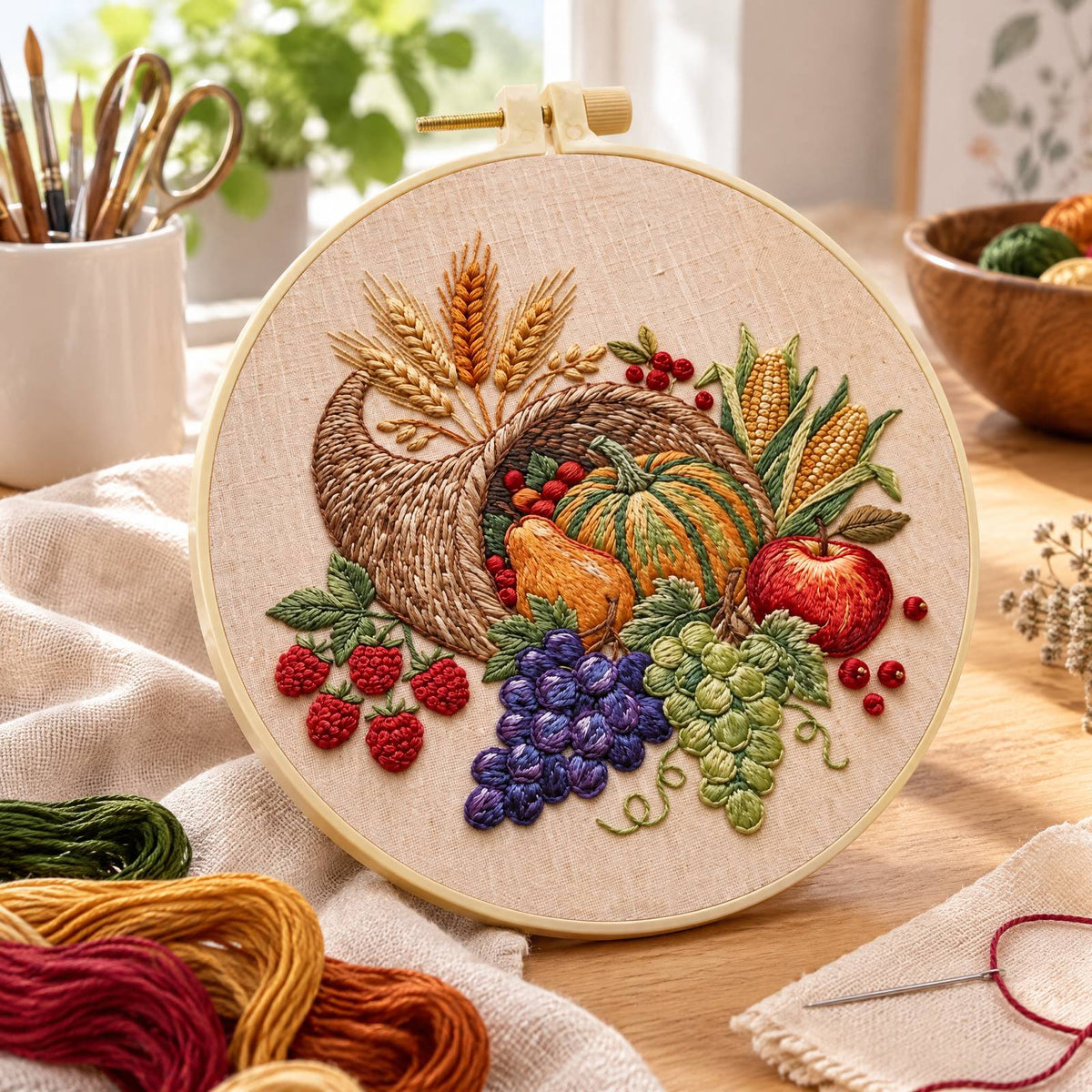 Harvest Horn - DIY Embroidery Cross Stitch Kit with Pattern Cotton Threads Needles Hoop 30×30CM/11.81×11.81in