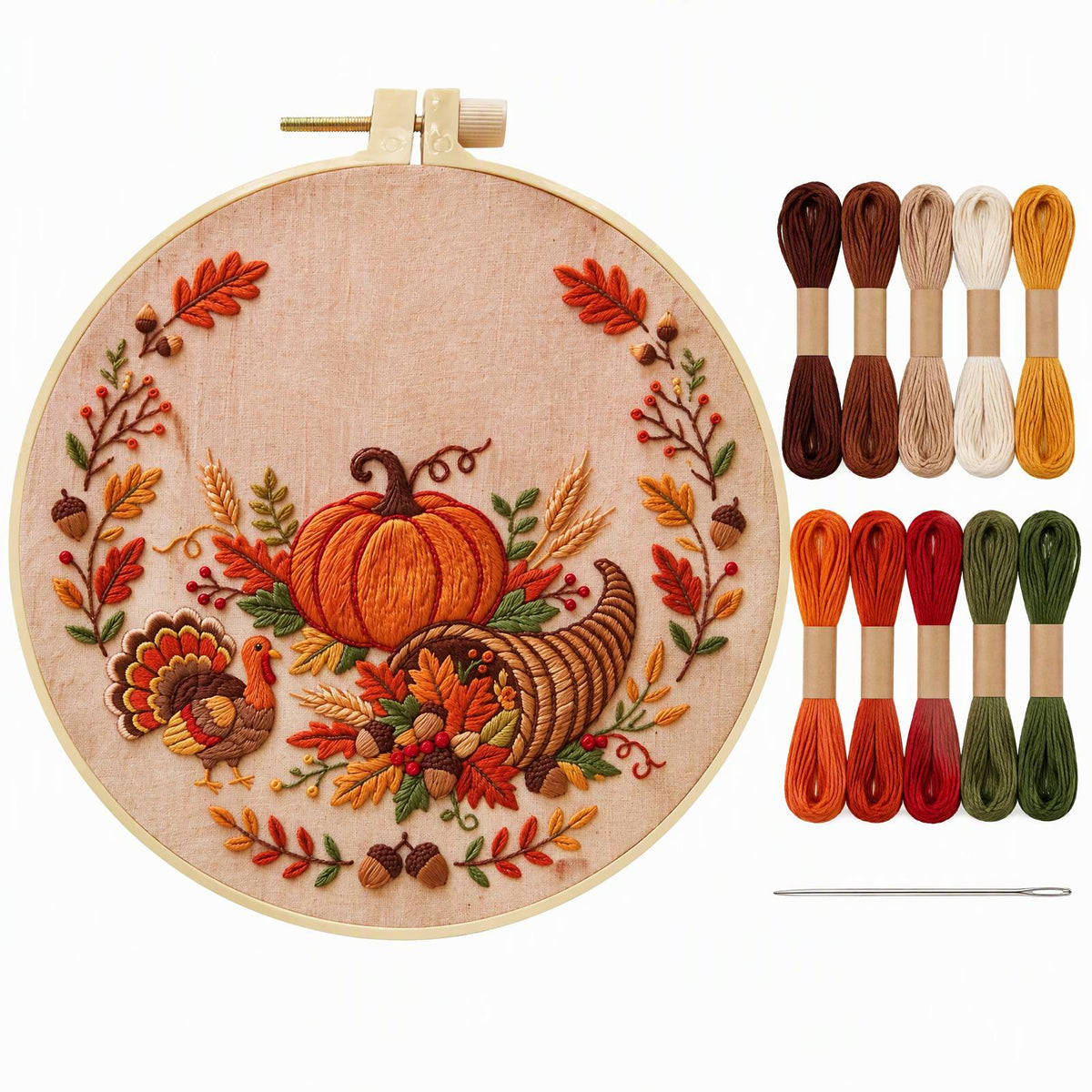 Turkey Harvest - DIY Embroidery Cross Stitch Kit with Pattern Cotton Threads Needles Hoop 30×30CM/11.81×11.81in
