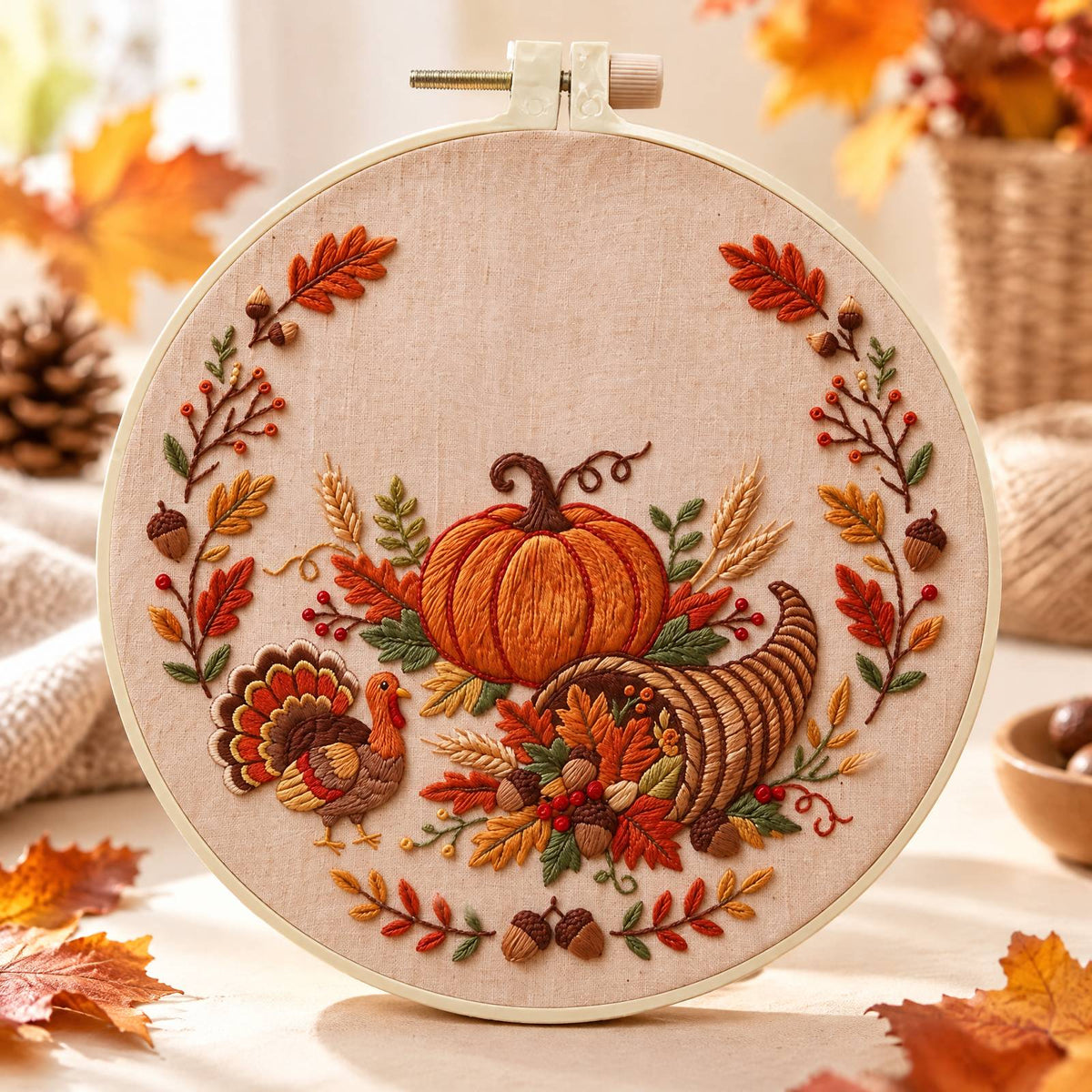 Turkey Harvest - DIY Embroidery Cross Stitch Kit with Pattern Cotton Threads Needles Hoop 30×30CM/11.81×11.81in