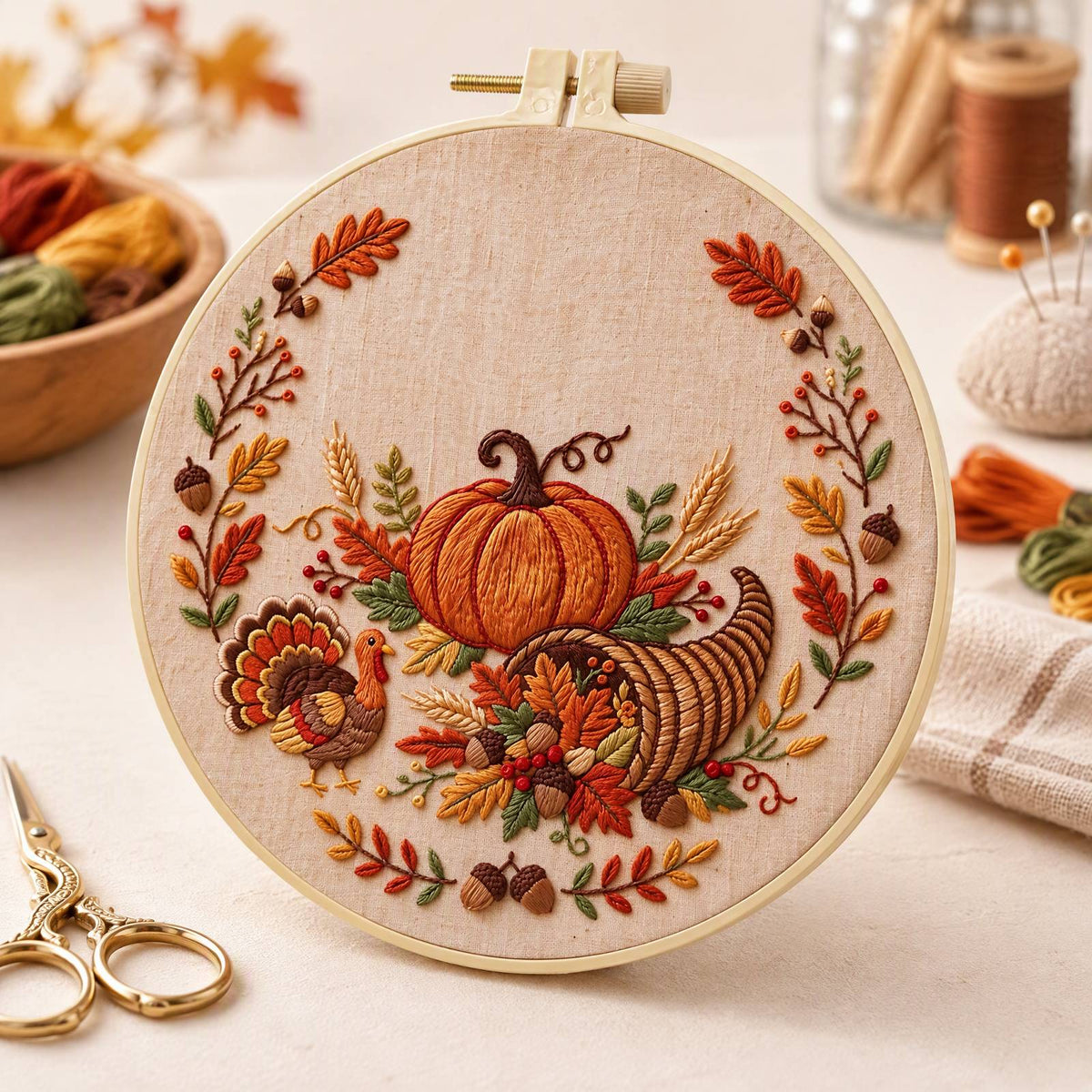 Turkey Harvest - DIY Embroidery Cross Stitch Kit with Pattern Cotton Threads Needles Hoop 30×30CM/11.81×11.81in