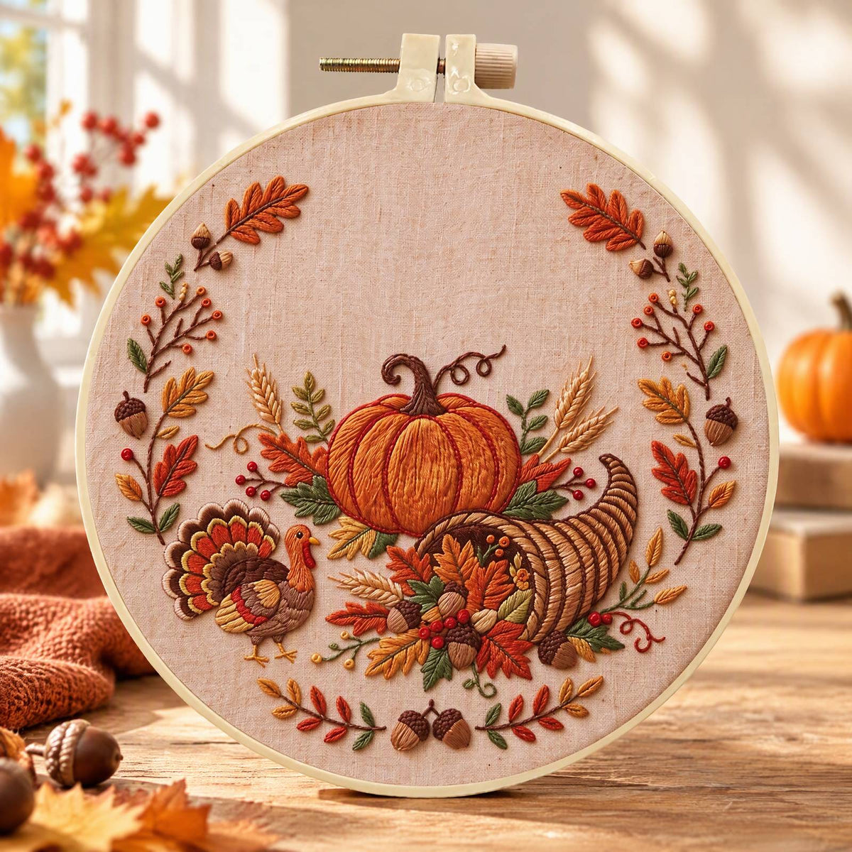 Turkey Harvest - DIY Embroidery Cross Stitch Kit with Pattern Cotton Threads Needles Hoop 30×30CM/11.81×11.81in