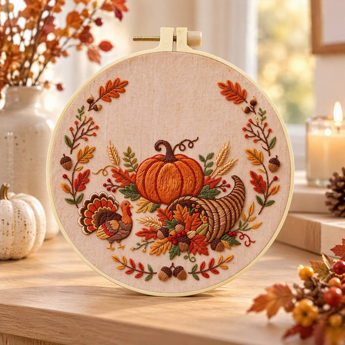 Turkey Harvest - DIY Embroidery Cross Stitch Kit with Pattern Cotton Threads Needles Hoop 30×30CM/11.81×11.81in
