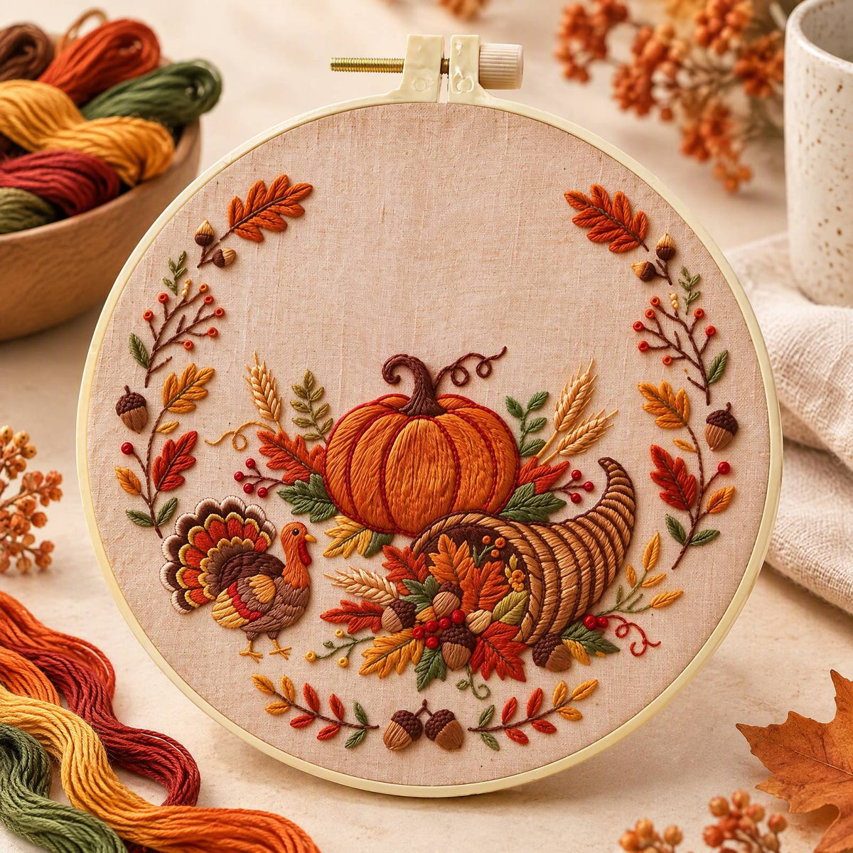 Turkey Harvest - DIY Embroidery Cross Stitch Kit with Pattern Cotton Threads Needles Hoop 30×30CM/11.81×11.81in