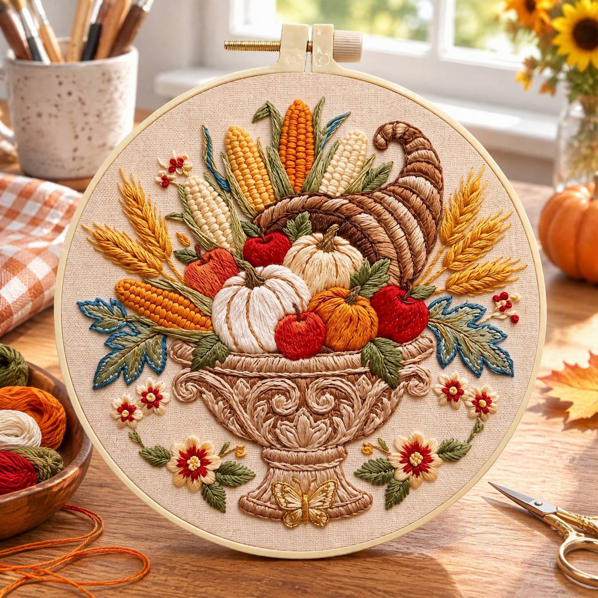 Herbst-Füllhorn – DIY-Stickset für Kreuzstich mit Vorlage, Baumwollgarnen, Nadeln und Stickrahmen 30 × 30 cm / 11,81 × 11,81 Zoll