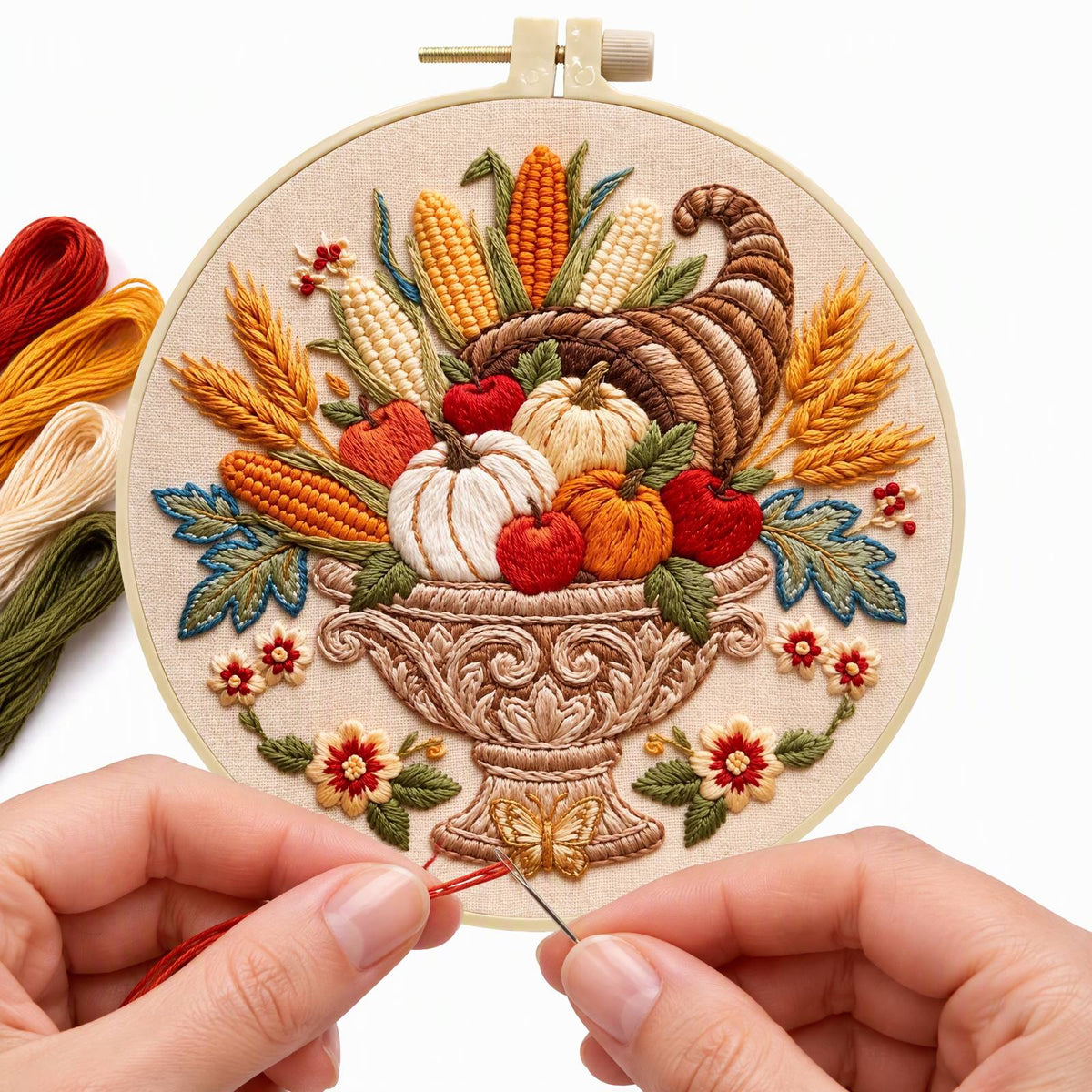 Herbst-Füllhorn – DIY-Stickset für Kreuzstich mit Vorlage, Baumwollgarnen, Nadeln und Stickrahmen 30 × 30 cm / 11,81 × 11,81 Zoll