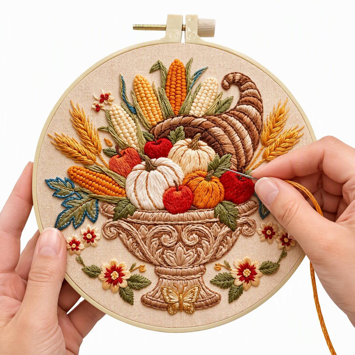 Herbst-Füllhorn – DIY-Stickset für Kreuzstich mit Vorlage, Baumwollgarnen, Nadeln und Stickrahmen 30 × 30 cm / 11,81 × 11,81 Zoll