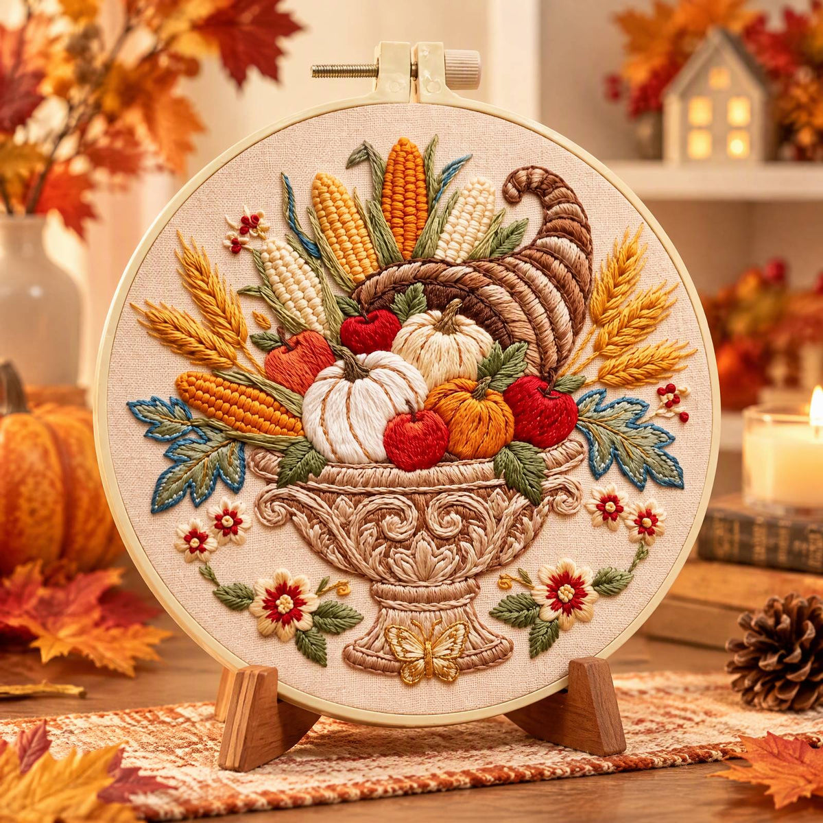 Herbst-Füllhorn – DIY-Stickset für Kreuzstich mit Vorlage, Baumwollgarnen, Nadeln und Stickrahmen 30 × 30 cm / 11,81 × 11,81 Zoll
