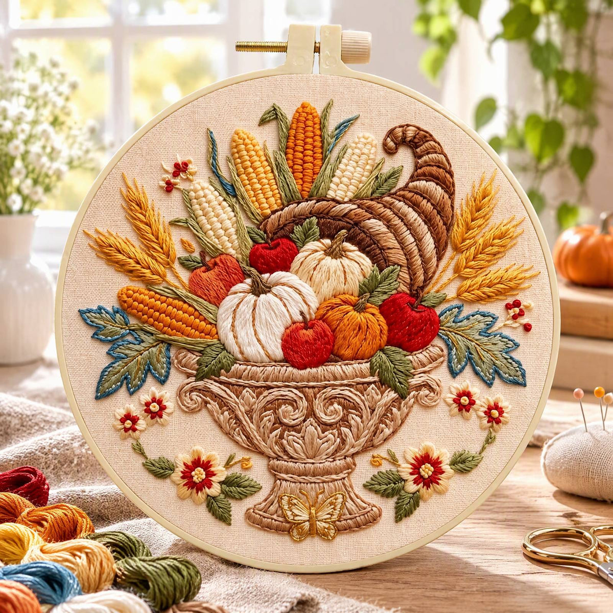 Herbst-Füllhorn – DIY-Stickset für Kreuzstich mit Vorlage, Baumwollgarnen, Nadeln und Stickrahmen 30 × 30 cm / 11,81 × 11,81 Zoll