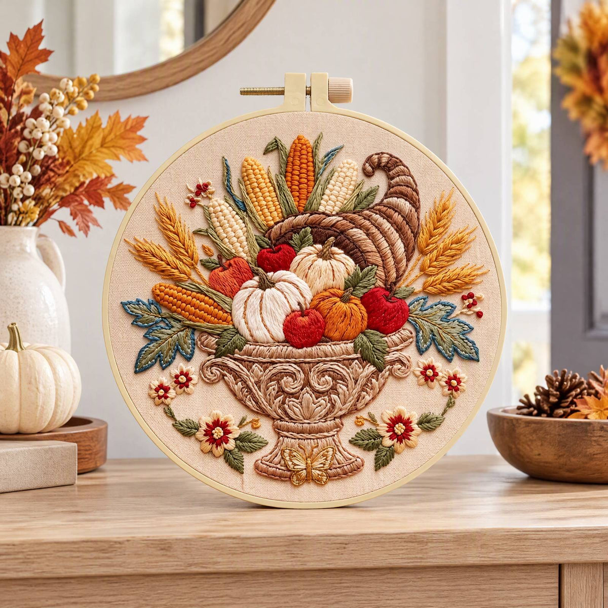 Herbst-Füllhorn – DIY-Stickset für Kreuzstich mit Vorlage, Baumwollgarnen, Nadeln und Stickrahmen 30 × 30 cm / 11,81 × 11,81 Zoll