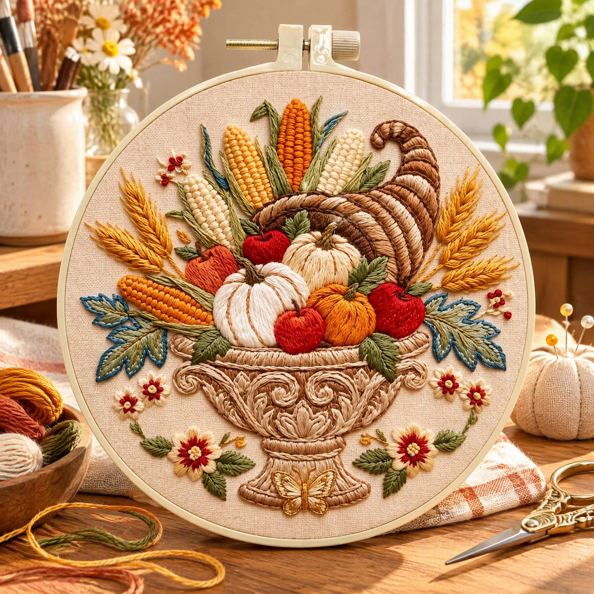 Herbst-Füllhorn – DIY-Stickset für Kreuzstich mit Vorlage, Baumwollgarnen, Nadeln und Stickrahmen 30 × 30 cm / 11,81 × 11,81 Zoll