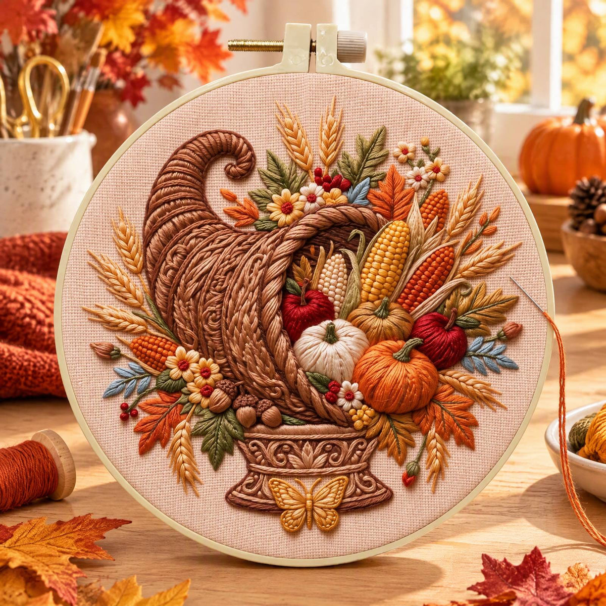 Fall Bounty - DIY Embroidery Cross Stitch Kit with Pattern Cotton Threads Needles Hoop 30×30CM/11.81×11.81in