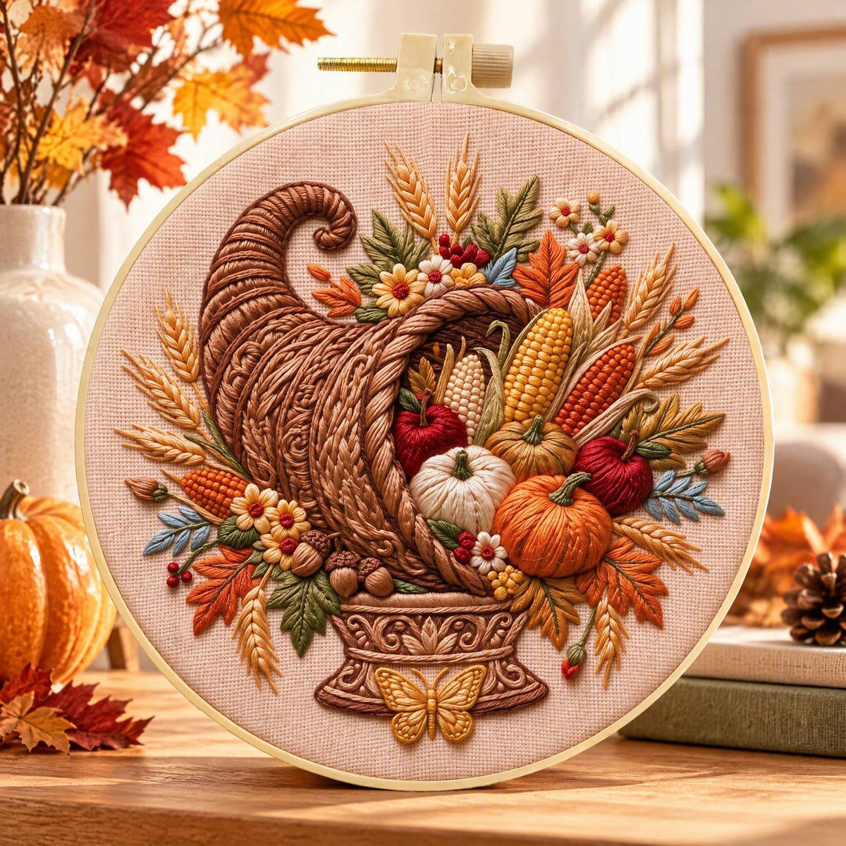 Fall Bounty - DIY Embroidery Cross Stitch Kit with Pattern Cotton Threads Needles Hoop 30×30CM/11.81×11.81in