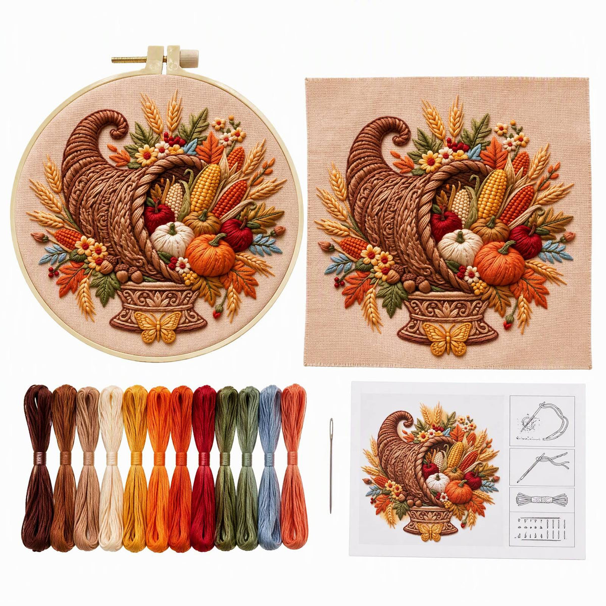 Fall Bounty - DIY Embroidery Cross Stitch Kit with Pattern Cotton Threads Needles Hoop 30×30CM/11.81×11.81in