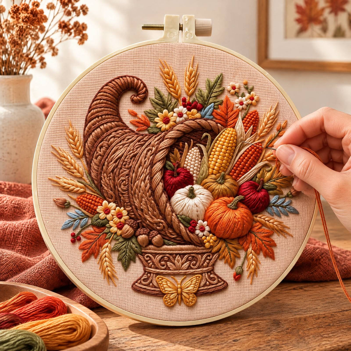 Fall Bounty - DIY Embroidery Cross Stitch Kit with Pattern Cotton Threads Needles Hoop 30×30CM/11.81×11.81in