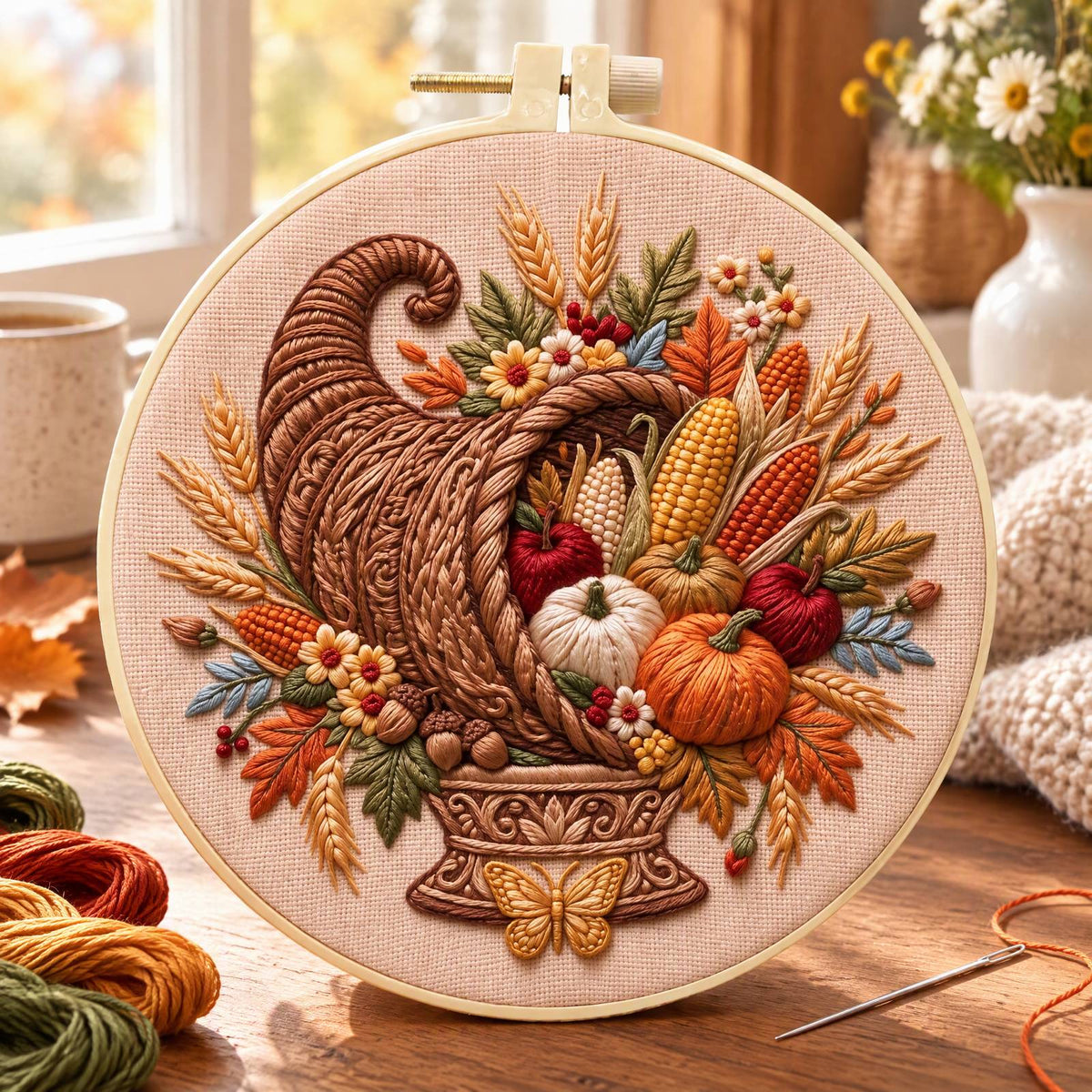 Fall Bounty - DIY Embroidery Cross Stitch Kit with Pattern Cotton Threads Needles Hoop 30×30CM/11.81×11.81in
