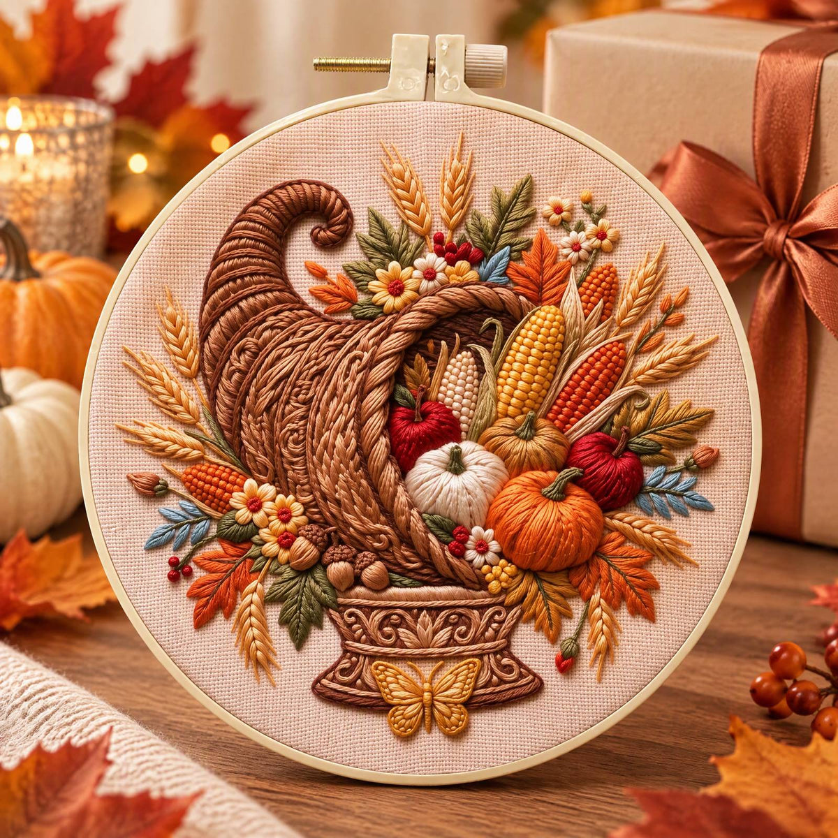 Fall Bounty - DIY Embroidery Cross Stitch Kit with Pattern Cotton Threads Needles Hoop 30×30CM/11.81×11.81in
