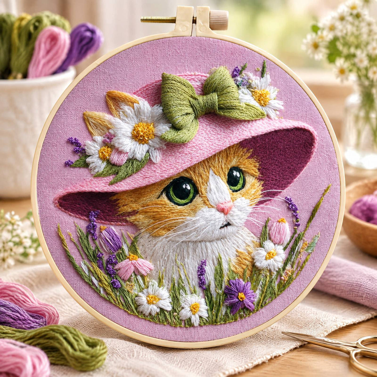 Floral Kitty - DIY Embroidery Cross Stitch Kit with Pattern Cotton Threads Needles Hoop 30×30CM/11.81×11.81in