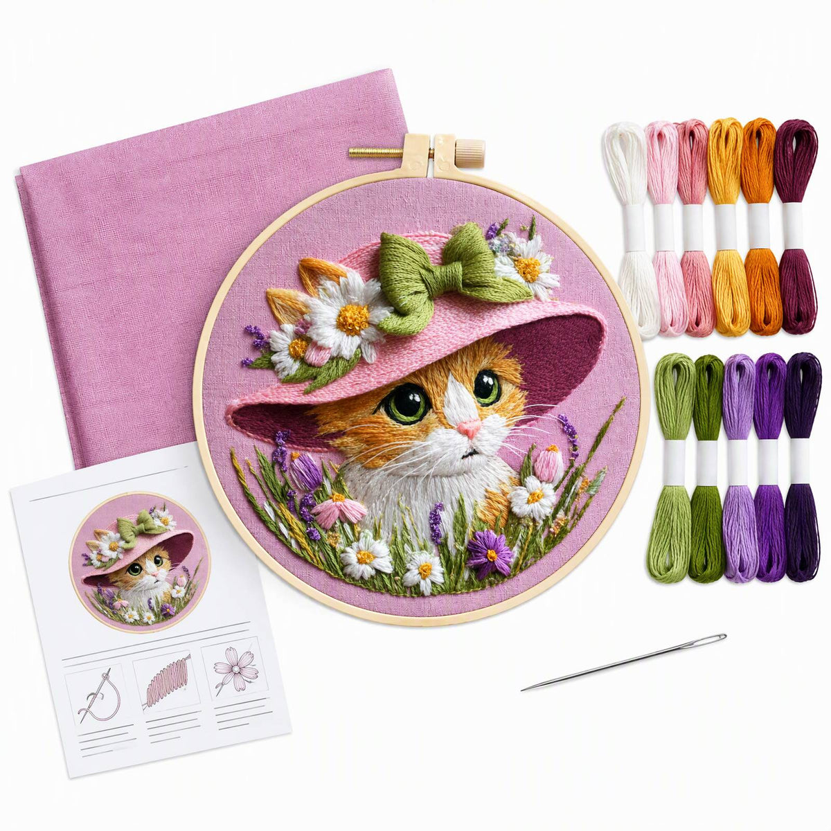 Floral Kitty - DIY Embroidery Cross Stitch Kit with Pattern Cotton Threads Needles Hoop 30×30CM/11.81×11.81in