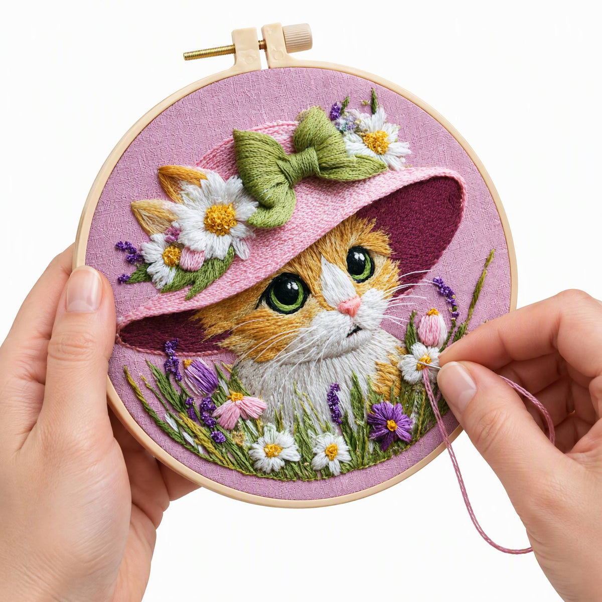 Floral Kitty - DIY Embroidery Cross Stitch Kit with Pattern Cotton Threads Needles Hoop 30×30CM/11.81×11.81in