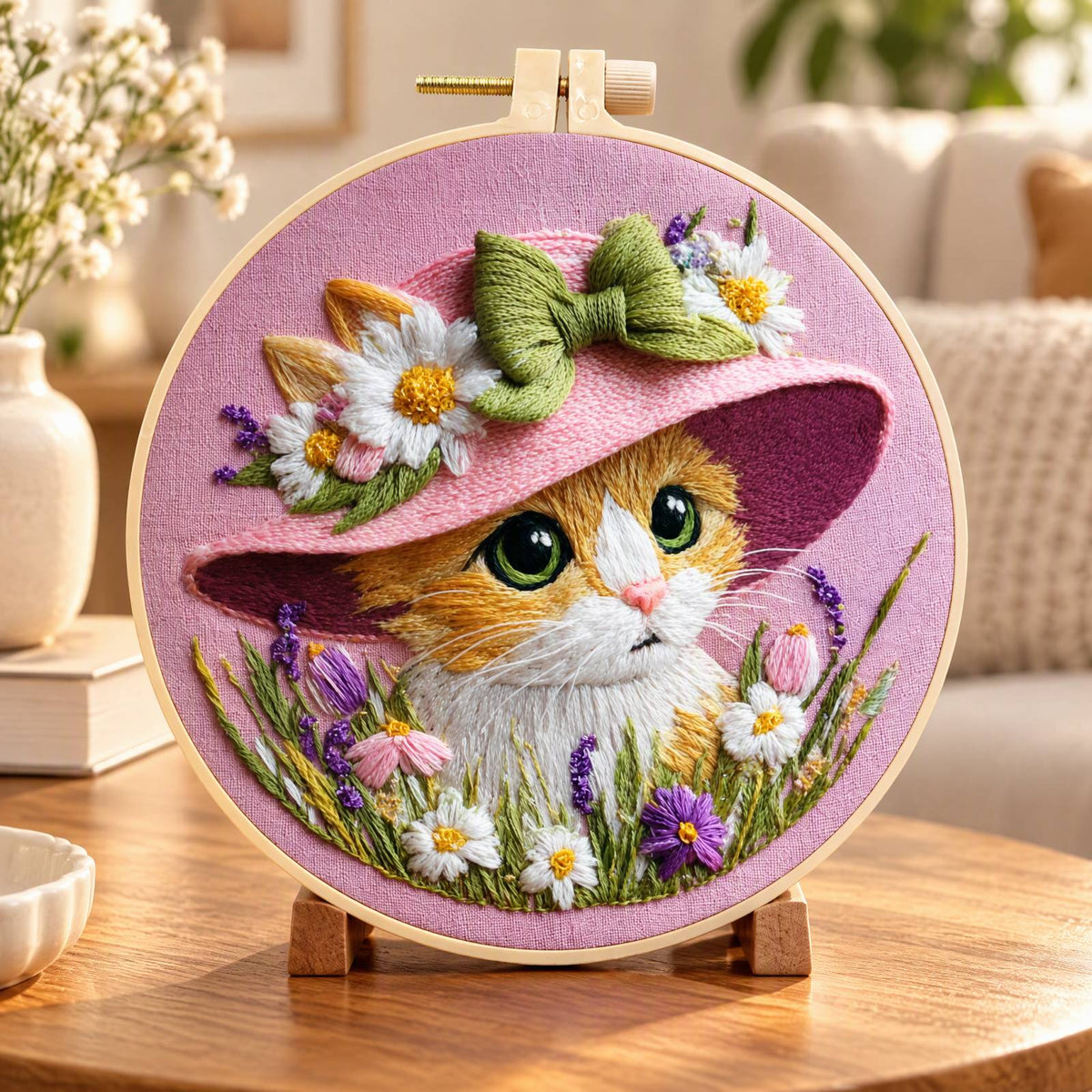 Floral Kitty - DIY Embroidery Cross Stitch Kit with Pattern Cotton Threads Needles Hoop 30×30CM/11.81×11.81in