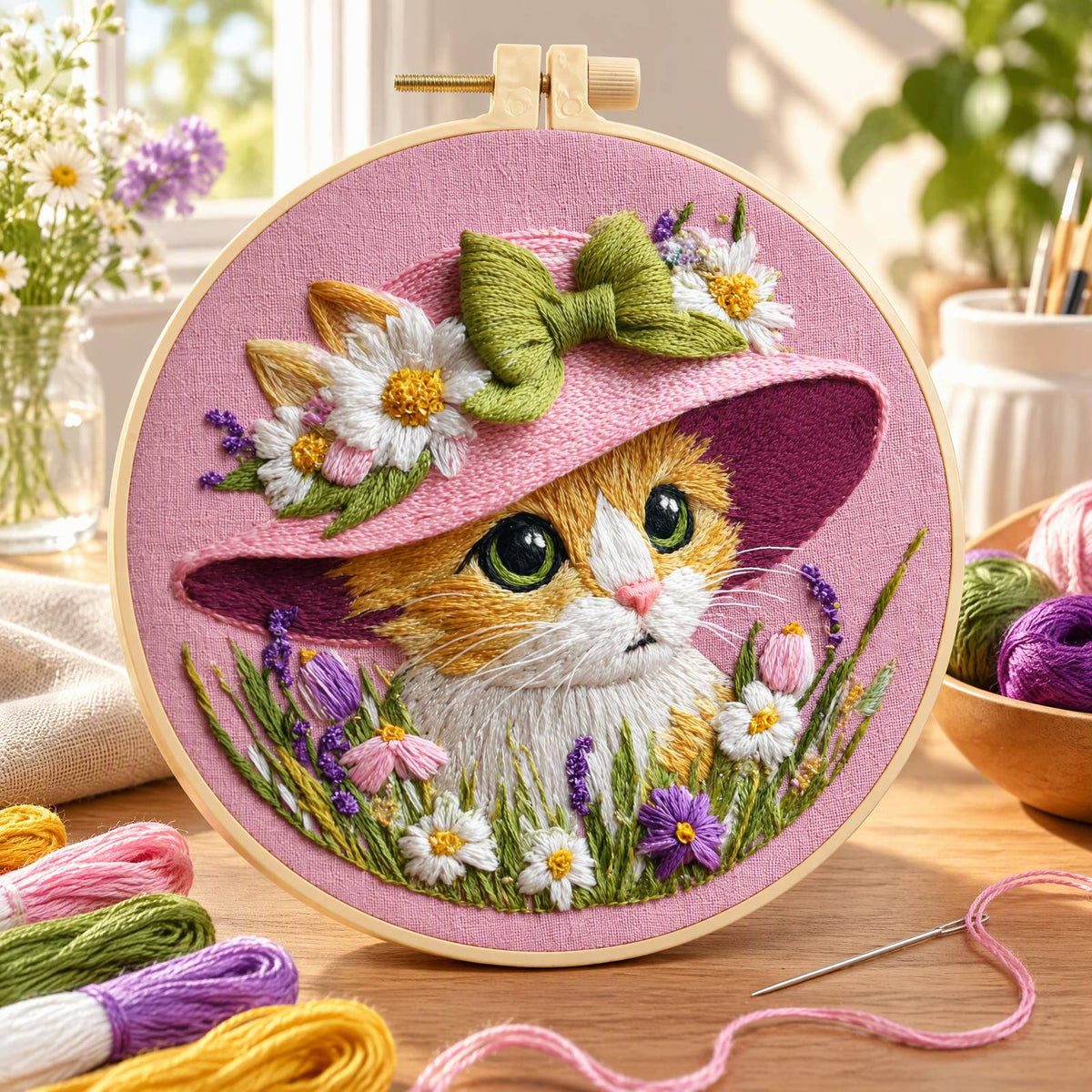 Floral Kitty - DIY Embroidery Cross Stitch Kit with Pattern Cotton Threads Needles Hoop 30×30CM/11.81×11.81in