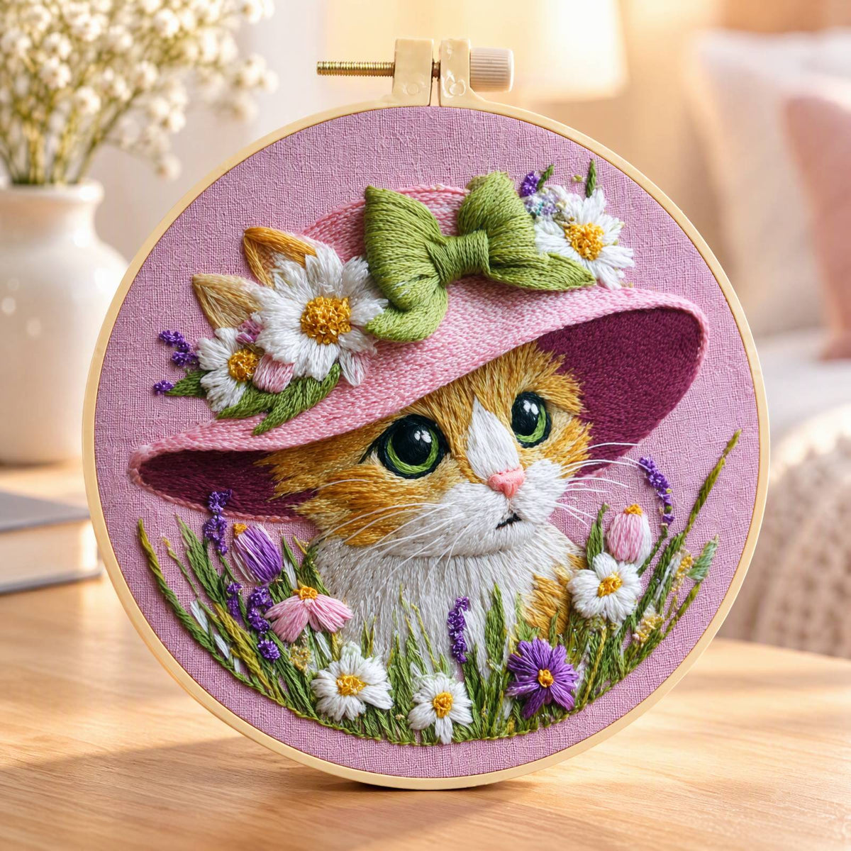 Floral Kitty - DIY Embroidery Cross Stitch Kit with Pattern Cotton Threads Needles Hoop 30×30CM/11.81×11.81in