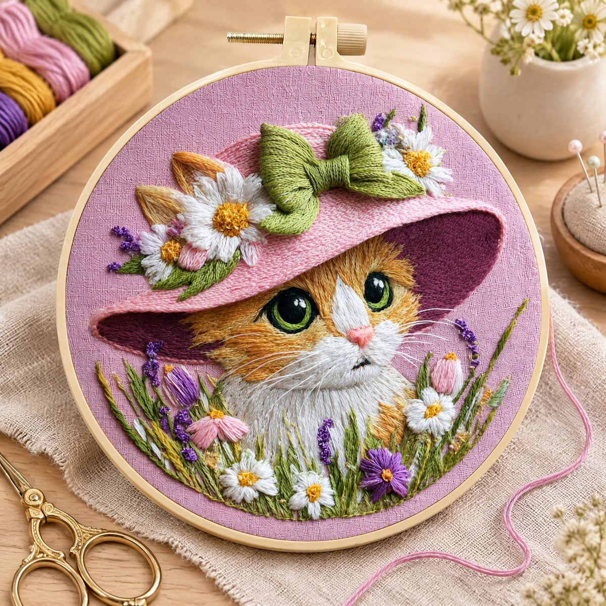 Floral Kitty - DIY Embroidery Cross Stitch Kit with Pattern Cotton Threads Needles Hoop 30×30CM/11.81×11.81in