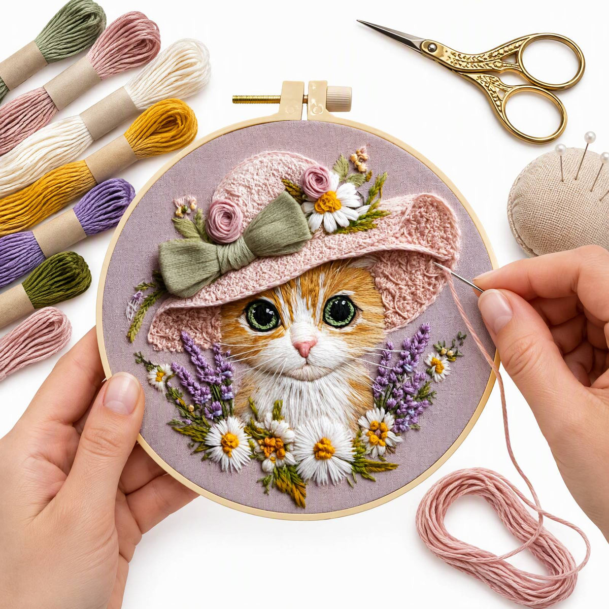 Hat Kitten - DIY Embroidery Cross Stitch Kit with Pattern Cotton Threads Needles Hoop 30×30CM/11.81×11.81in