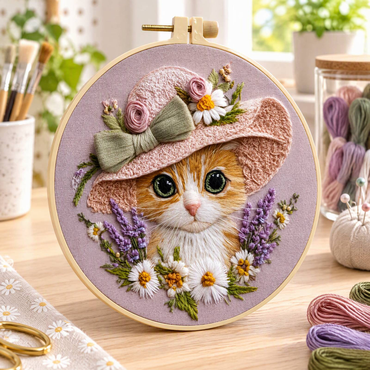 Hat Kitten - DIY Embroidery Cross Stitch Kit with Pattern Cotton Threads Needles Hoop 30×30CM/11.81×11.81in