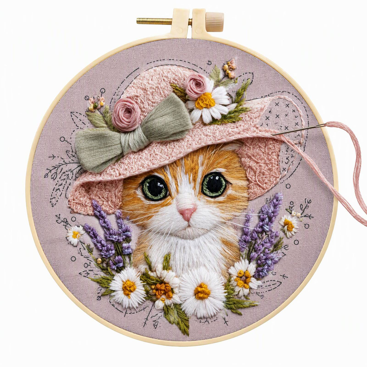 Hat Kitten - DIY Embroidery Cross Stitch Kit with Pattern Cotton Threads Needles Hoop 30×30CM/11.81×11.81in