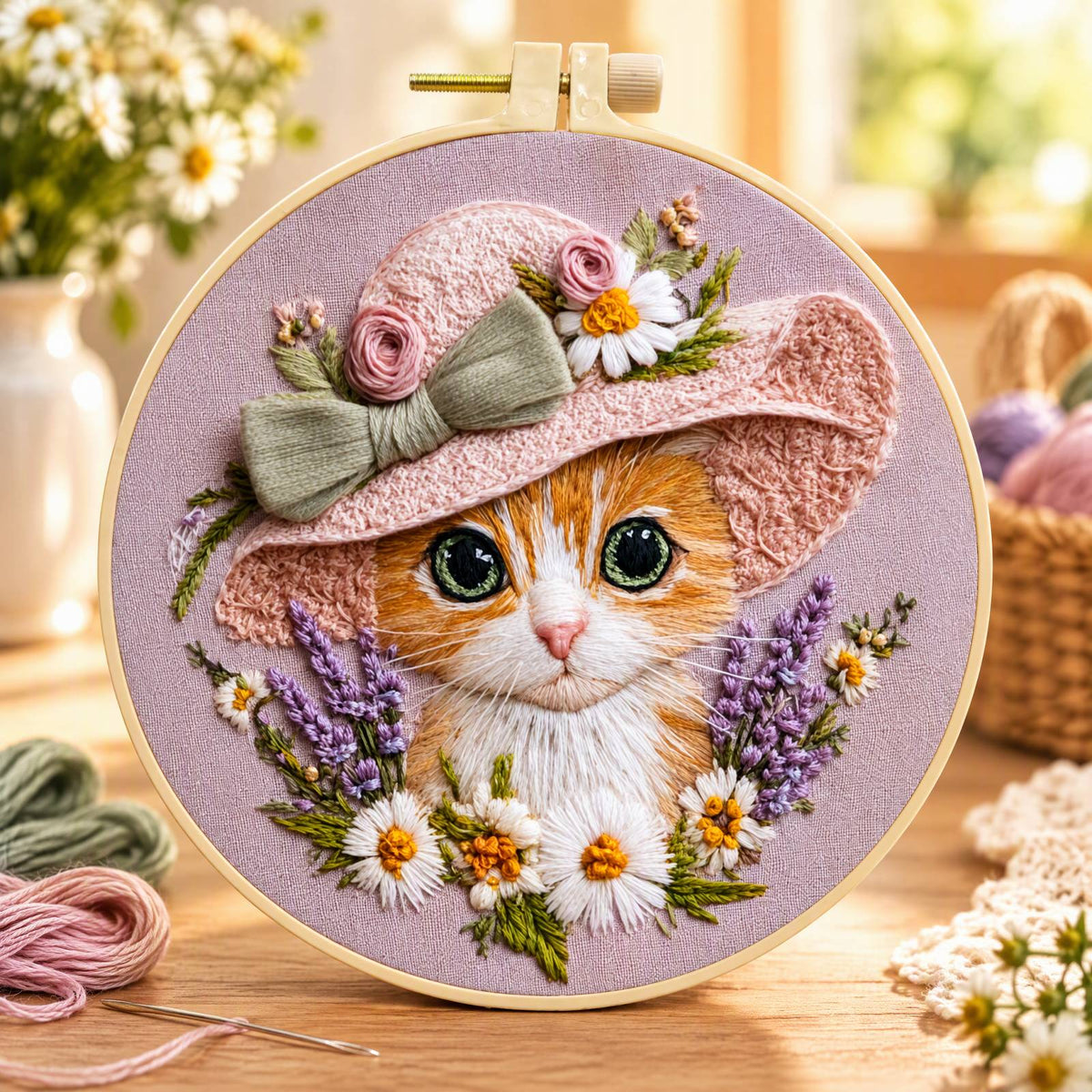 Hat Kitten - DIY Embroidery Cross Stitch Kit with Pattern Cotton Threads Needles Hoop 30×30CM/11.81×11.81in