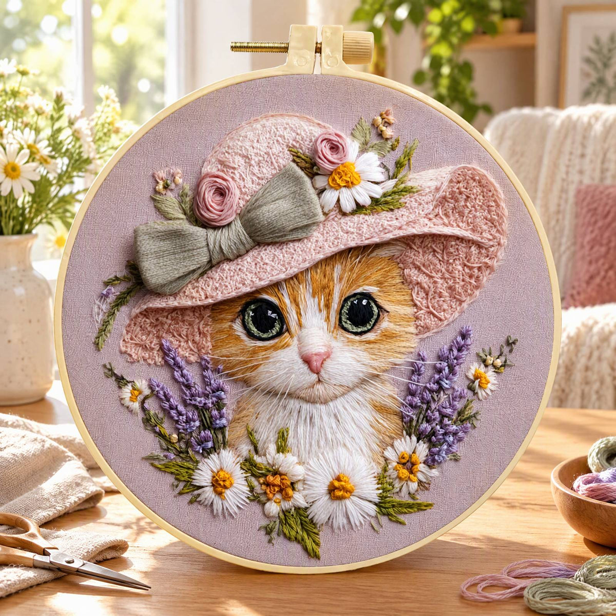 Hat Kitten - DIY Embroidery Cross Stitch Kit with Pattern Cotton Threads Needles Hoop 30×30CM/11.81×11.81in