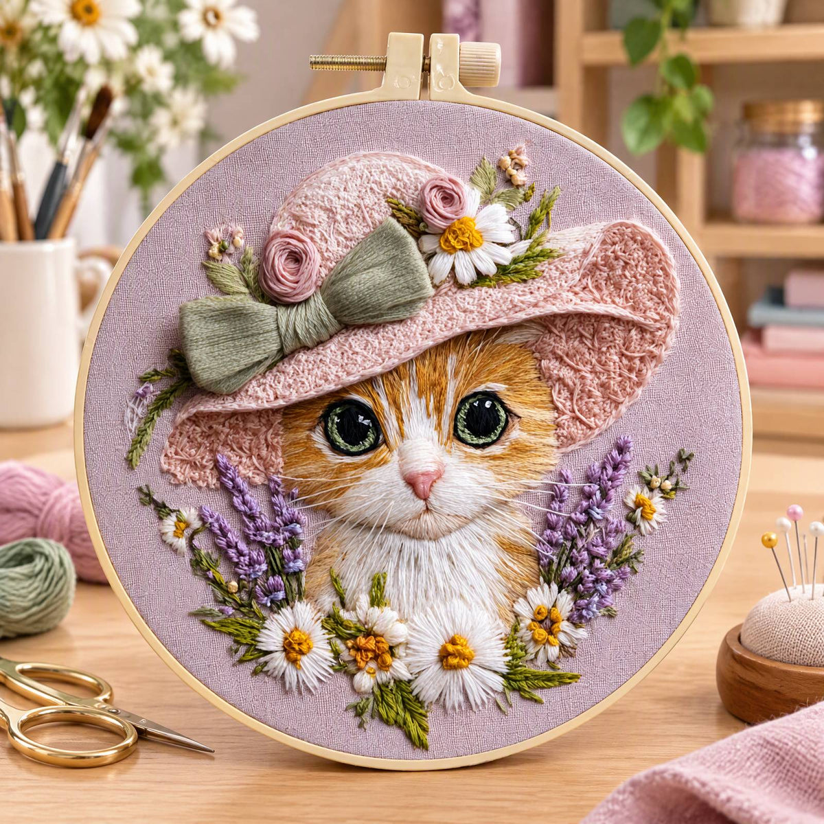 Hat Kitten - DIY Embroidery Cross Stitch Kit with Pattern Cotton Threads Needles Hoop 30×30CM/11.81×11.81in