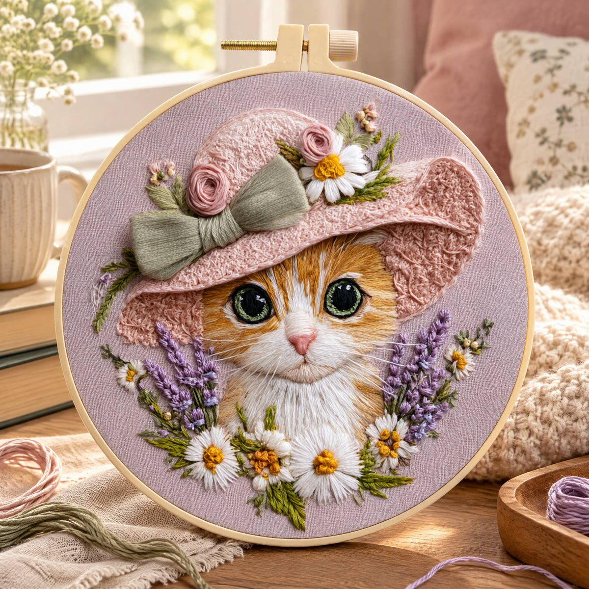 Hat Kitten - DIY Embroidery Cross Stitch Kit with Pattern Cotton Threads Needles Hoop 30×30CM/11.81×11.81in