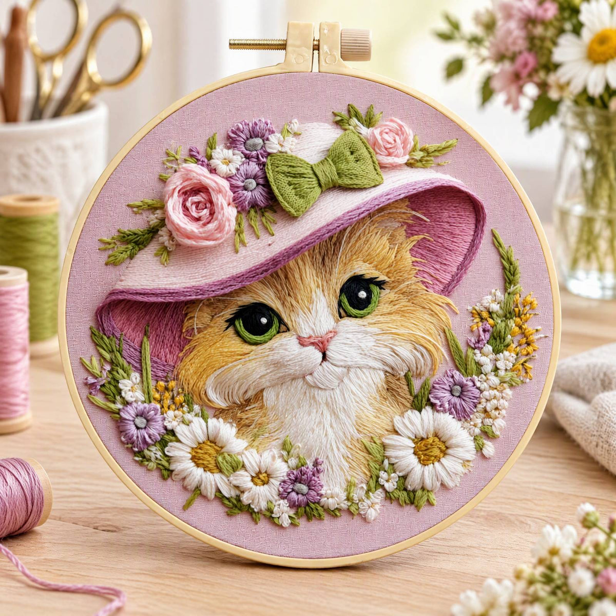 Bloom Cat - DIY Embroidery Cross Stitch Kit with Pattern Cotton Threads Needles Hoop 30×30CM/11.81×11.81in