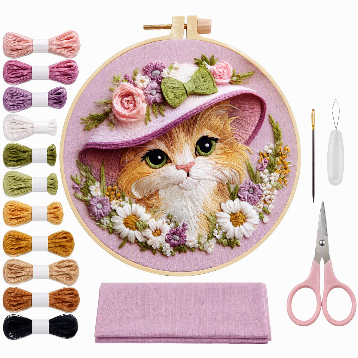 Bloom Cat - DIY Embroidery Cross Stitch Kit with Pattern Cotton Threads Needles Hoop 30×30CM/11.81×11.81in