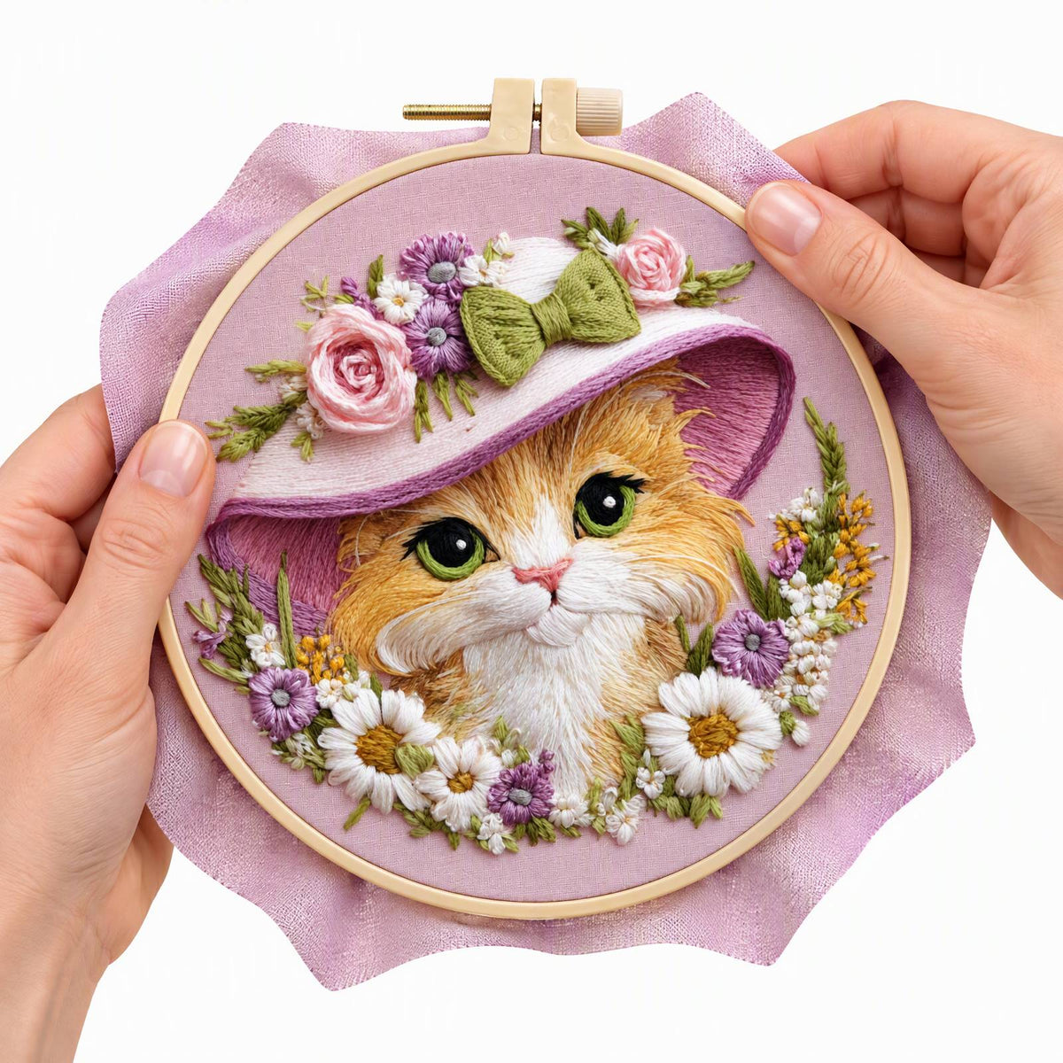 Bloom Cat - DIY Embroidery Cross Stitch Kit with Pattern Cotton Threads Needles Hoop 30×30CM/11.81×11.81in