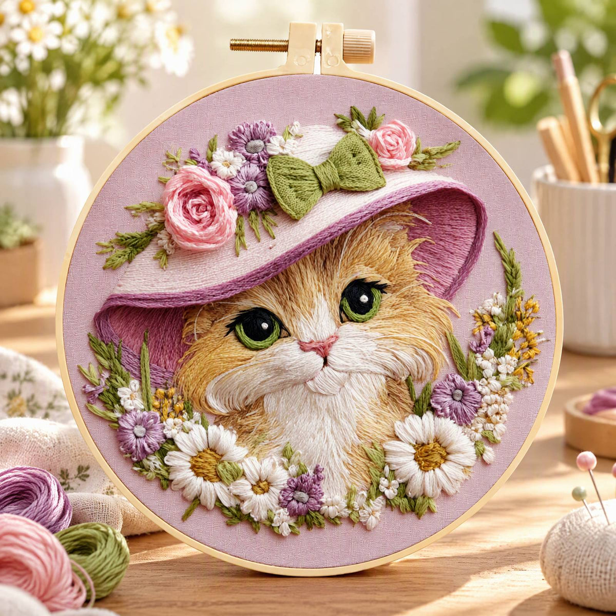 Bloom Cat - DIY Embroidery Cross Stitch Kit with Pattern Cotton Threads Needles Hoop 30×30CM/11.81×11.81in