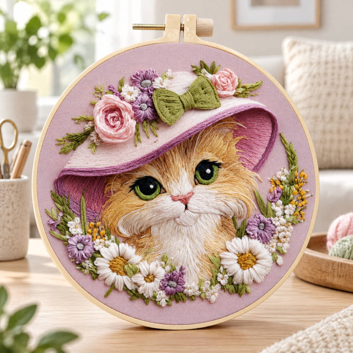 Bloom Cat - DIY Embroidery Cross Stitch Kit with Pattern Cotton Threads Needles Hoop 30×30CM/11.81×11.81in