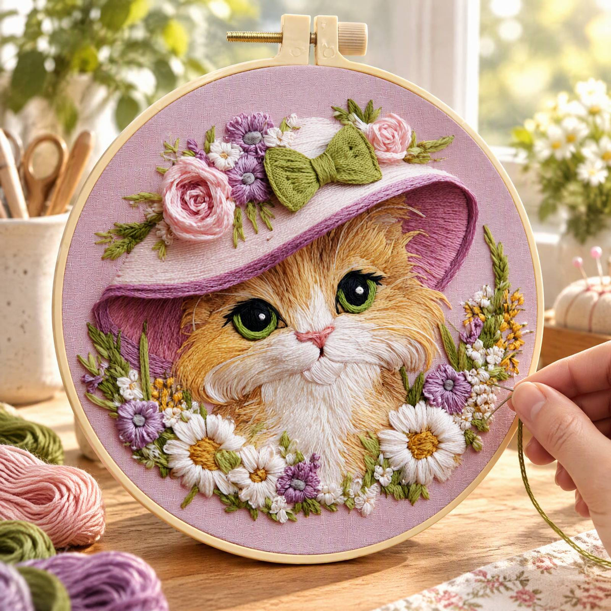 Bloom Cat - DIY Embroidery Cross Stitch Kit with Pattern Cotton Threads Needles Hoop 30×30CM/11.81×11.81in