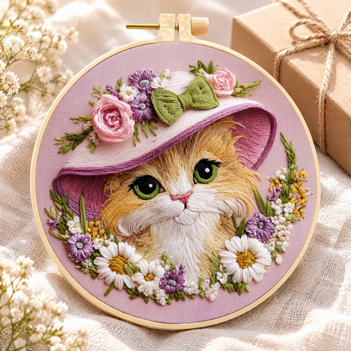 Bloom Cat - DIY Embroidery Cross Stitch Kit with Pattern Cotton Threads Needles Hoop 30×30CM/11.81×11.81in
